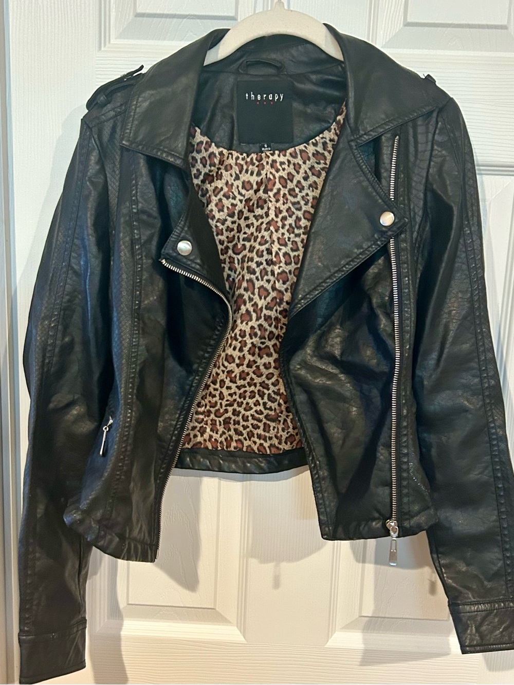 therapy Black Faux Leather Moto Jacket with Leopard Lining